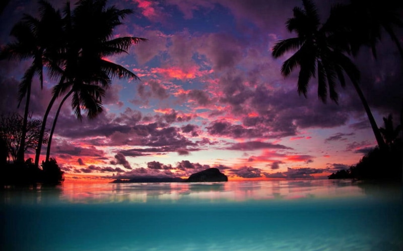 trees, tranquil scene, 480P, cloud - sky, tranquility, sea, tropical tree, turquoise, palm, plant, palm trees, tropical climate, swimming pool, reflection