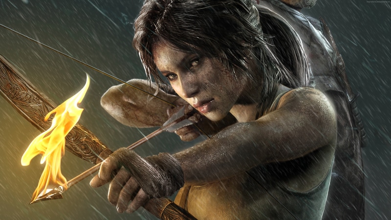 women, portrait, young women, indoors, waist up, young adult, bow, holding, mid adult, Tomb Raider, woman, one person, flame, contemplation