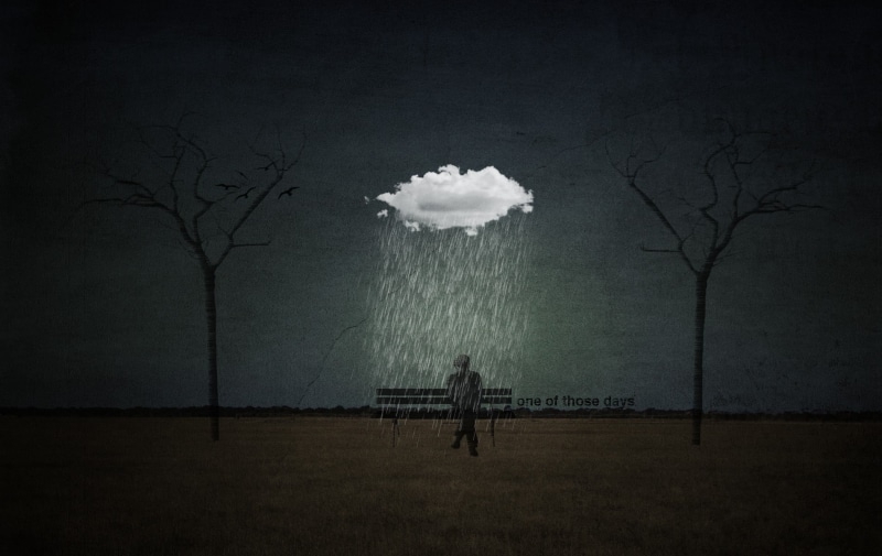 tranquility, cloud - sky, boundary, person, ground, sitting, plant, 720P, silhouette, clouds, people, sky, illustration, forest, nature, land, artwork