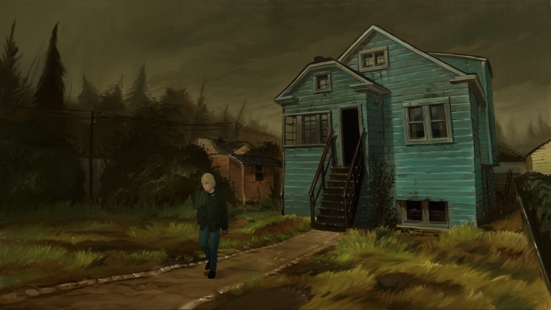 built structure, painting, house, building exterior, building, men, standing, full length, architecture, road, sky, outdoors, plant, trees, walking, artwork