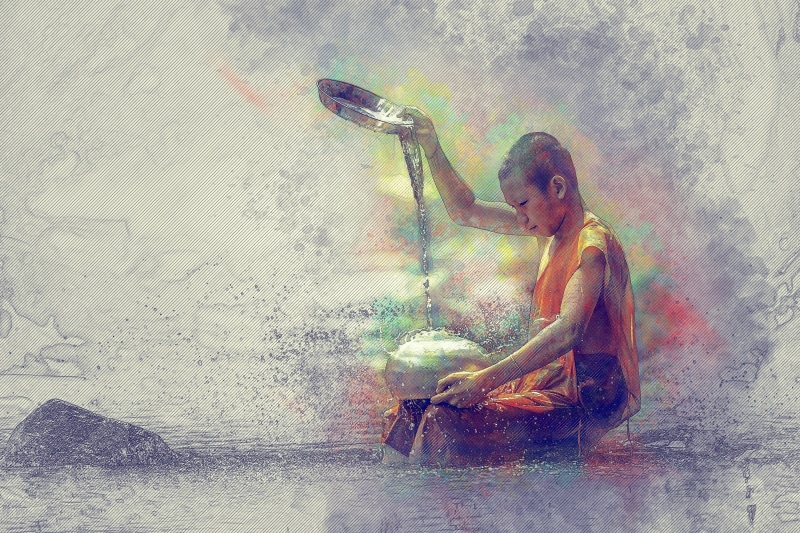 spiritual, real people, container, gold, women, one person, faith, photo art, peace, clothing, digital manipulation, adult, boy, the lord, holi, water