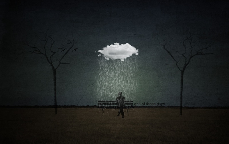 720P, bench, sitting, rain, men, silhouette, horizon, trees, clouds, ground, quote, digital art, artwork, alone