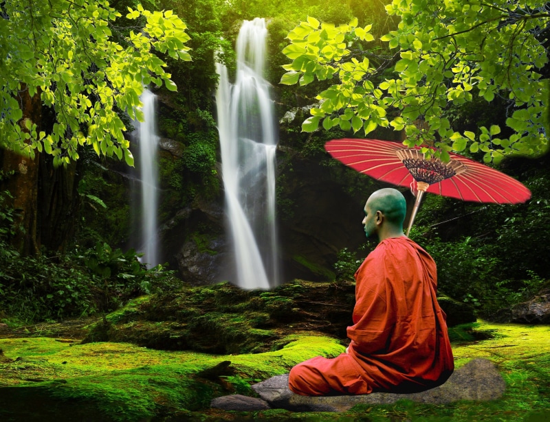 tibetan, floor, men, monk, man, spirituality, buddhism, plant, religion, waterfall, clothing, yoga, one person, tree, relaxation, abbot, oil paper umbrella