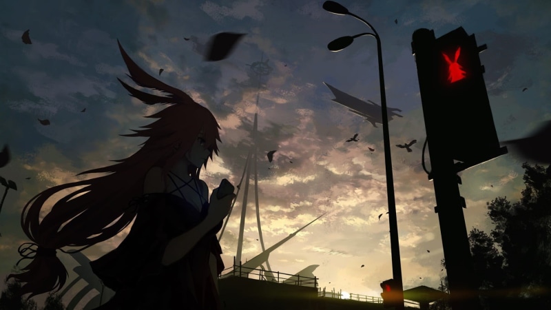 Yae Sakura (Honkai Impact), low angle view, sunset, building exterior, one person, silhouette, anime girls, flag, built structure, lifestyles, anime, outdoors