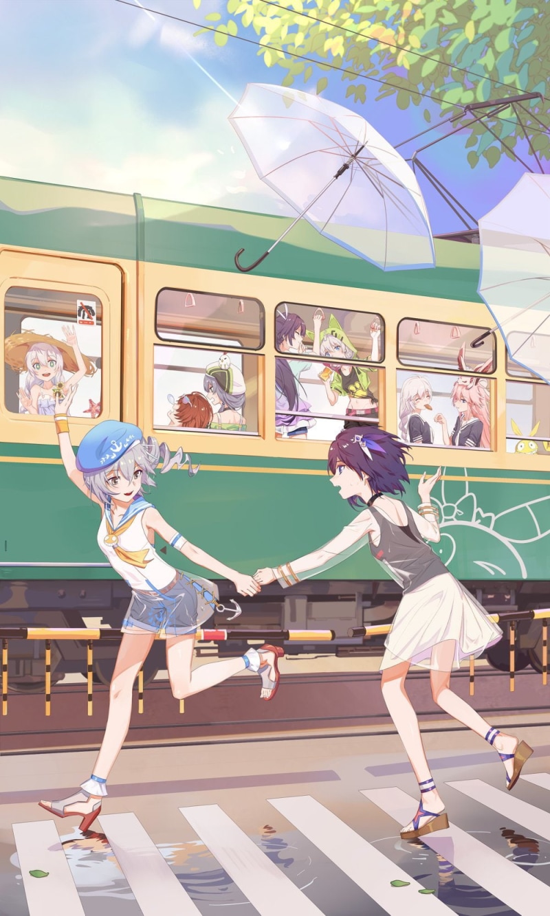 outdoors, sunlight, adult, architecture, day, emotion, child, people, fun, travel, women, Yae Sakura (Honkai Impact), leisure activity, Honkai, mode of transportation