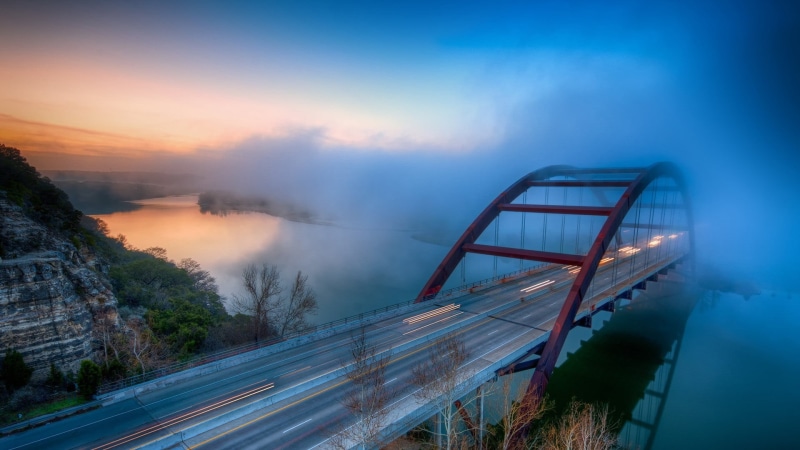 dusk, highway, curve, morning, light trails, travel destinations, built structure, body, no people, landscape, water, Lake Austin, blue, concrete, motion