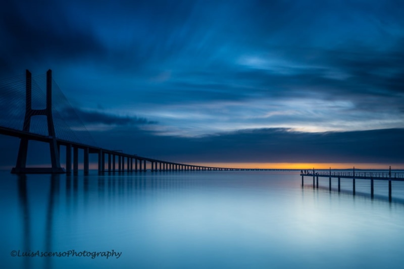 sea, dusk, blue, 480P, sky, bridge - Man Made Structure, silhouette, water, Vasco da Gama bridge, Landscape, Innamoramento, photo, bridge, sunset, Lisbon
