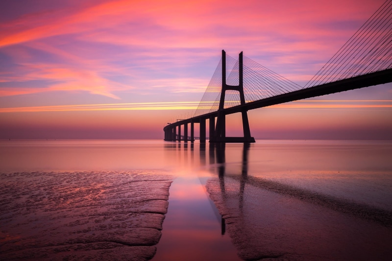 1080P, landscape, Pacific Ocean, Vasco da Gama Bridge, nature, bridge, sunset, clouds