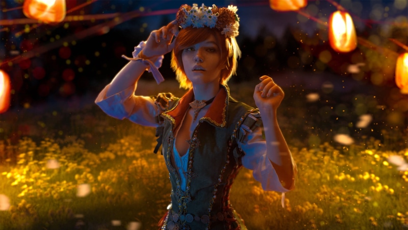 blue, beautiful woman, outdoors, young adult, one person, child, denim, arms raised, hair, The Witcher 3: Wild Hunt, young women, focus on foreground, looking away