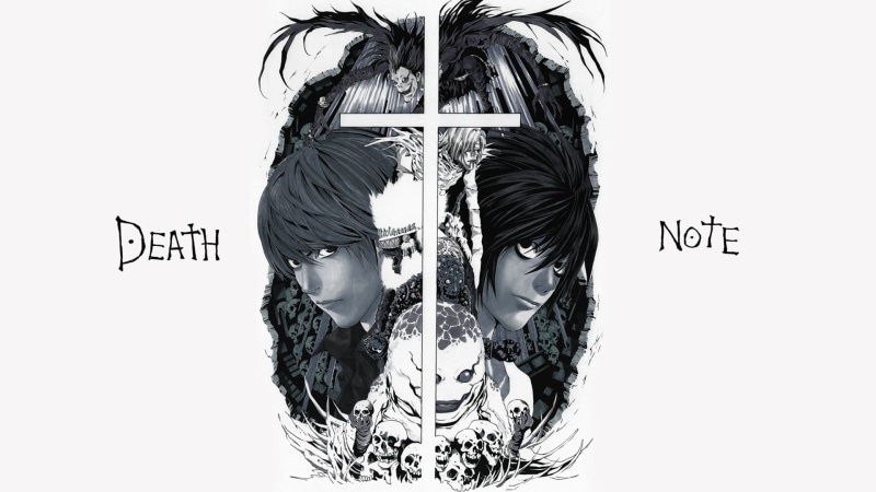 adult, white background, death, note, looking at camera, one person, obscured face, front view, hairstyle, art and craft, Lawliet L, digital composite