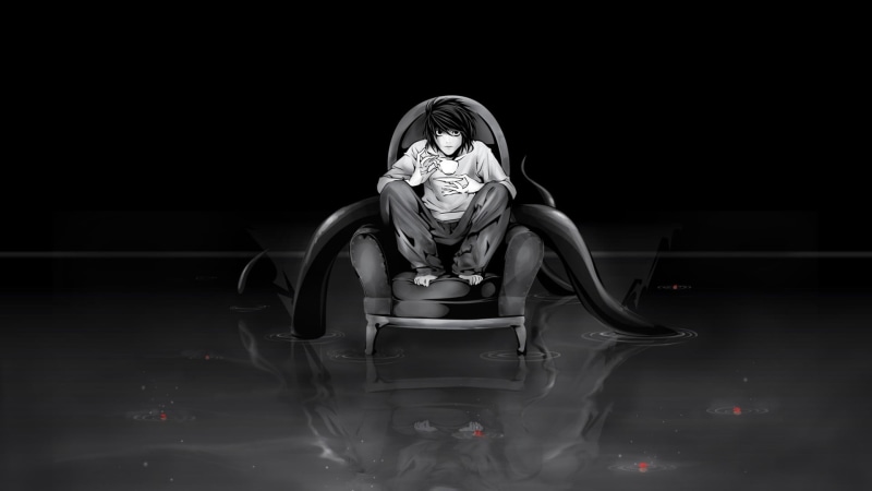 water, Lawliet L, representation, indoors, lifestyles, young women, art and craft, reflection, monochrome, women, note, hood, portrait, Death Note, looking at camera