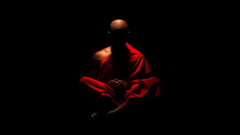 shaved head, waist up, faith, indoors, red, buddhist, clothing, monk, religion, relax, 1080P, meditation, harmony, sitting, light - natural phenomenon