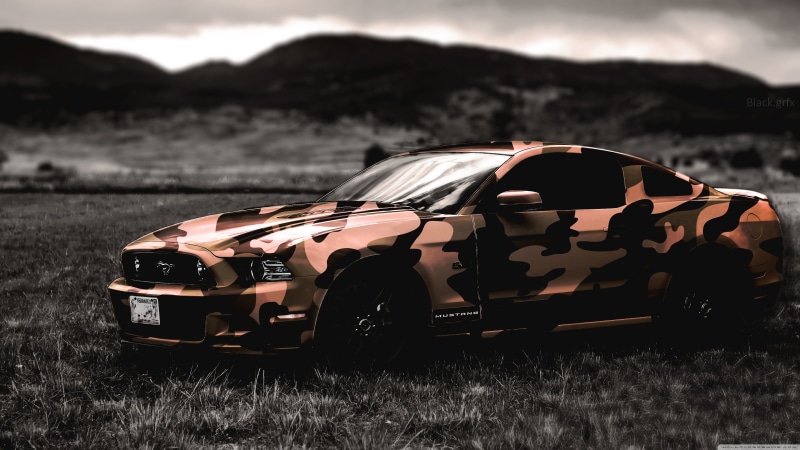 motor vehicle, focus on foreground, sky, black, army, Ford Mustang, brown, mode of transportation, field, 4K, day, Ford, mountain range, pink, transportation