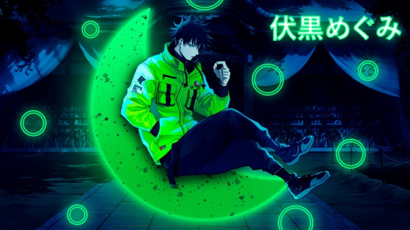 glowing, anime boys, kanji, anime design, Half Moon, 1080P, Megumi Fushiguro, green jacket, Jujutsu Kaisen, Jujutsukaisen, circle