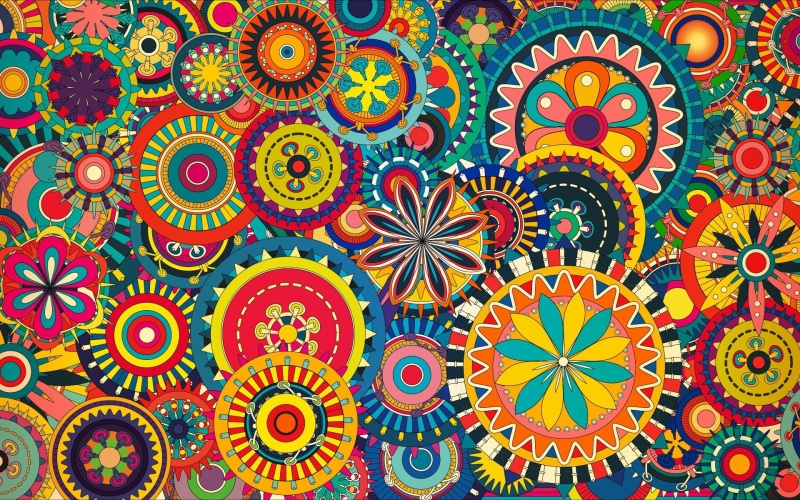 symmetry, 1080P, colorful, abstract, flowers, circle, psychedelic, triangle, geometry, pattern, digital art