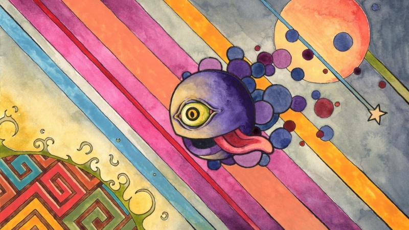 lines, table, one animal, digital art, art and craft, psychedelic, surreal, monster, close-up, still life, tongues, illustration, multi colored, animal themes