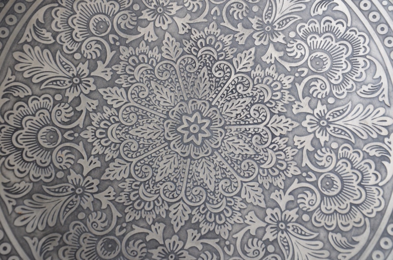 geometric shape, pattern, art and craft, ornate, craft, flooring, 4K, artfully, mandala, silver, oriental, indoors, textile, close-up, wall - building feature