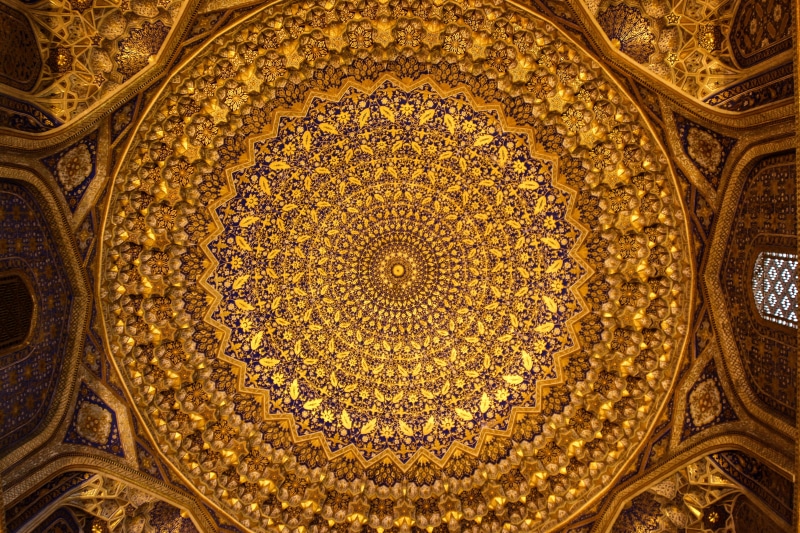 tapestry, indoors, ceiling, ornament, tribal, design, ornate, directly below, circle, apse, samarkand, built structure, rug, arched, cupola, travel destinations