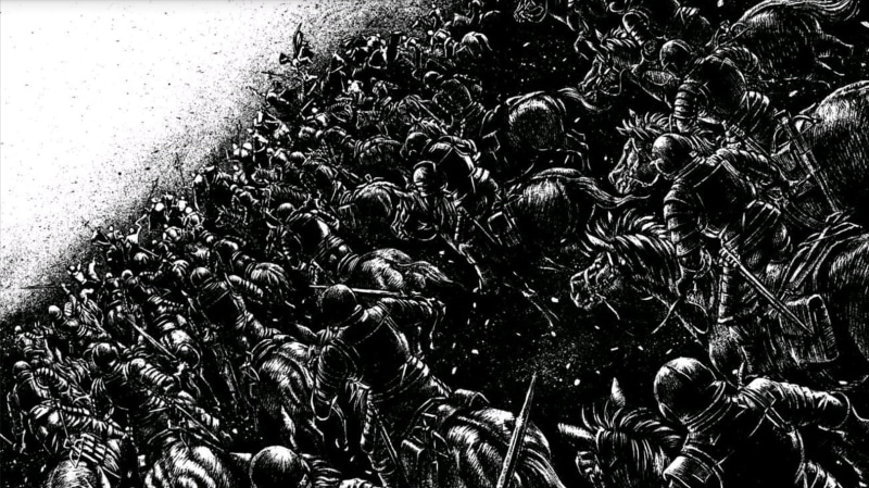 day, land, Berserk, no people, 720P, street, manga, illustration, warrior, sunlight, transportation, large group of animals, road, high angle view, city