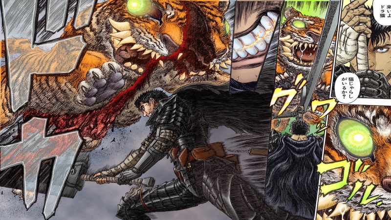 architecture, tiger, day, yellow, Kentaro Miura, high angle view, anime, male likeness, outdoors, print, 1080P, no people, wall - building feature, choice