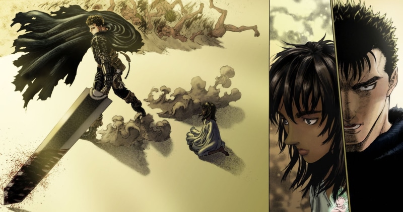 manga, architecture, female likeness, hairstyle, statue, holding, Guts, Kentaro Miura, sculpture, man, nature, art and craft, reflection, Casca, people