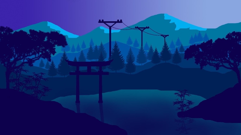 water, nature, japan, artwork, 1080P, sky, flat design, abstract, landscape, material design, art, blue, tree, design