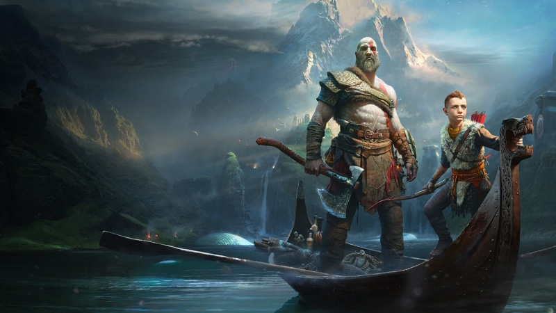 beauty in nature, sky, transportation, mode of transportation, full length, art and craft, God of War (2018), human representation, men, sea, group of people