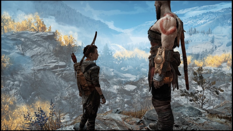 holding, 1080P, sky, Kratos, nature, unrecognizable person, water, two people, horned, standing, men, front view, lifestyles, weapon, God of War, God of War (2018)