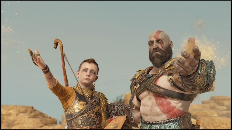 God of War, facial hair, waist up, casual clothing, God of War (2018), two people, young adult, adult, human representation, indoors, Kratos, men, beard