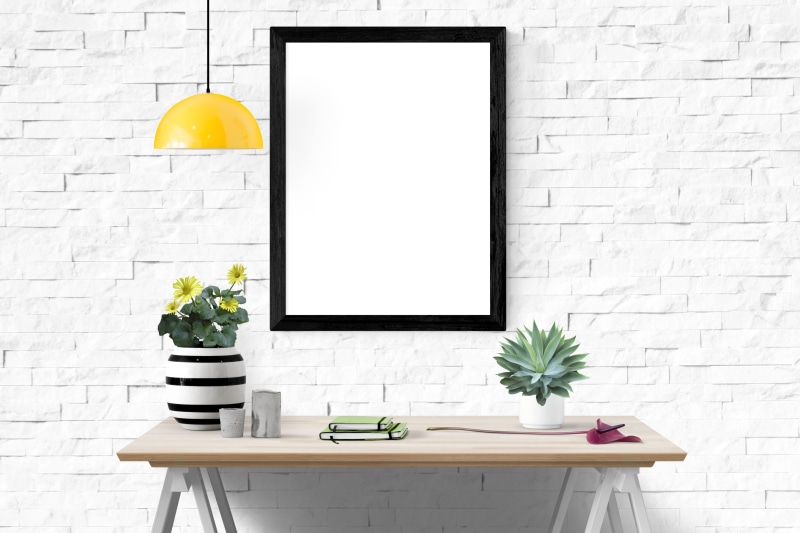 no people, decoration, 5K, empty, framed, wall - building feature, template, brick, mock, wooden, white color, table, architecture, indoors, nature, interior