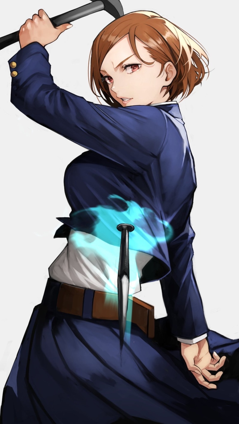 school uniform, vertical, anime, 1080P, simple background, Yoshio (artist), Kugisaki Nobara, anime girls, hammer, Jujutsu Kaisen, yoshi55level, nails