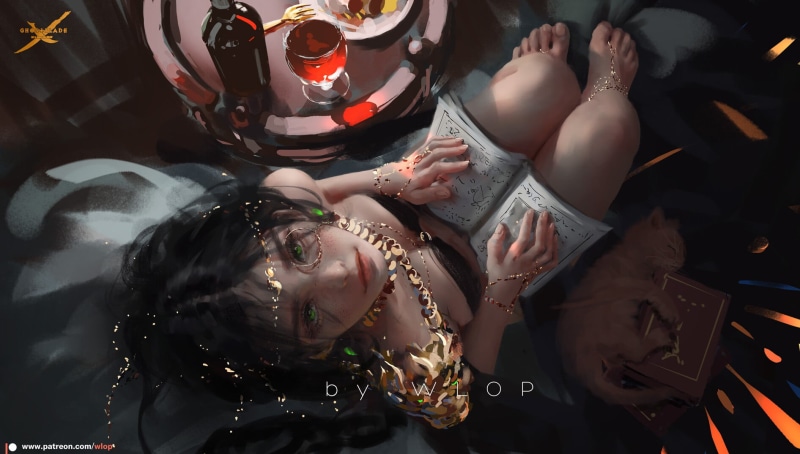 looking at viewer, wine, cats, Ghostblade, books, thighs, WLOP, looking up, artwork, women, brunette, green eyes, illustration, digital art, 720P