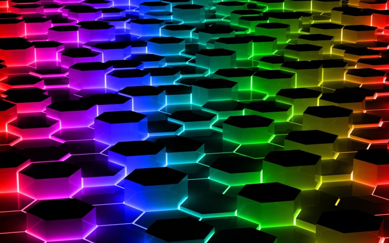 hexagon, green, shape, abundance, multi colored, repetition, indoors, colorful, shapes, abstract, in a row, geometric shape, pattern, red, glowing, 2K