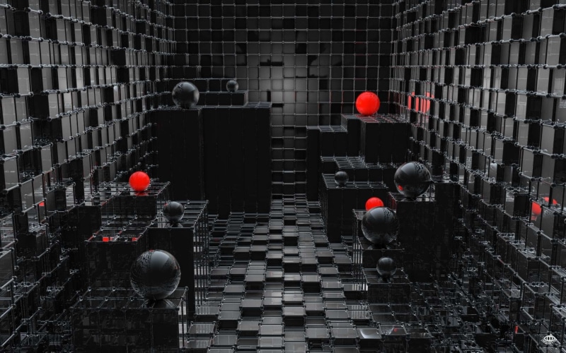 Black, art, building, lighting equipment, architecture, staircase, 3D, computer, building exterior, outdoors, red, in a row, built structure, Dark, day