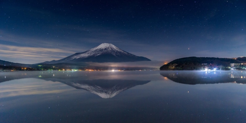 no people, beauty in nature, Mount Fuji, nature, reflection, mountain peak, sky, astronomy, scenics - nature, night, snow, mist, lights, photography, winter