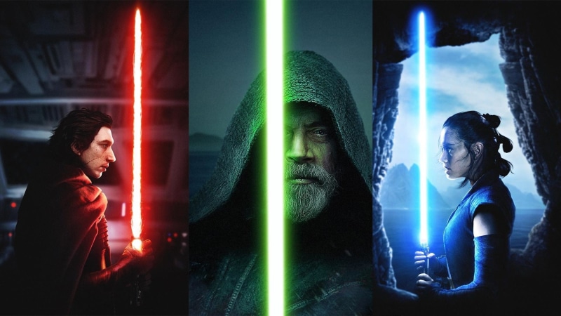 Rey (Star Wars), Red Lightsaber, Man, Kylo Ren, Girl, Star Wars: The Last Jedi, Mark Hamill, Adam Driver, Luke Skywalker, 1080P, Star Wars, Blue Lightsaber