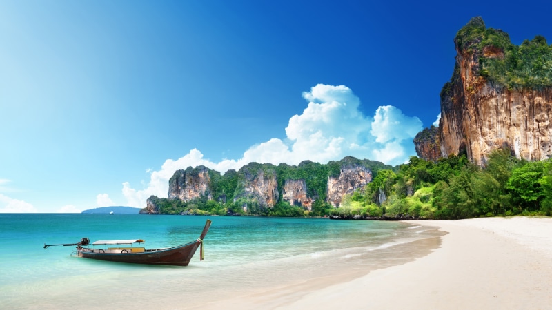 sea, railay beach, shore, vacation, blue sky, summer, thailand, summertime, sky, 4K, bay, tropics, ocean, boat, krabi, beach, coast