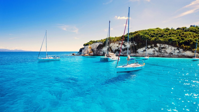 boat, greece, transportation, water, no people, sky, tropical, ocean, mast, nature, idyllic, luxury, pole, paxi, azure, nautical vessel, sea, tranquil scene