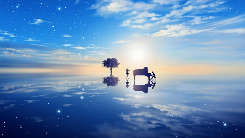 blue, water, sea, 4K, nature, floating on water, illustration, sunset, cloud - sky, horizon over water, tranquility, horizon, outdoors, Shigatsu wa Kimi no Uso