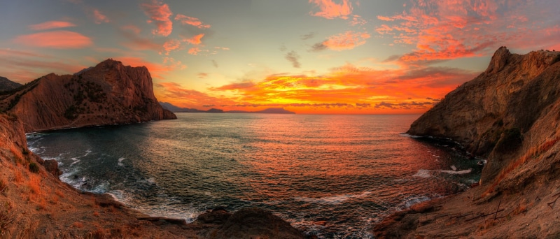 1080P, shore, sea, idyllic, rock, rock - object, sunset, coast, clouds, beach, land, orange color, beauty in nature, rocks, nature, rock formation, sky