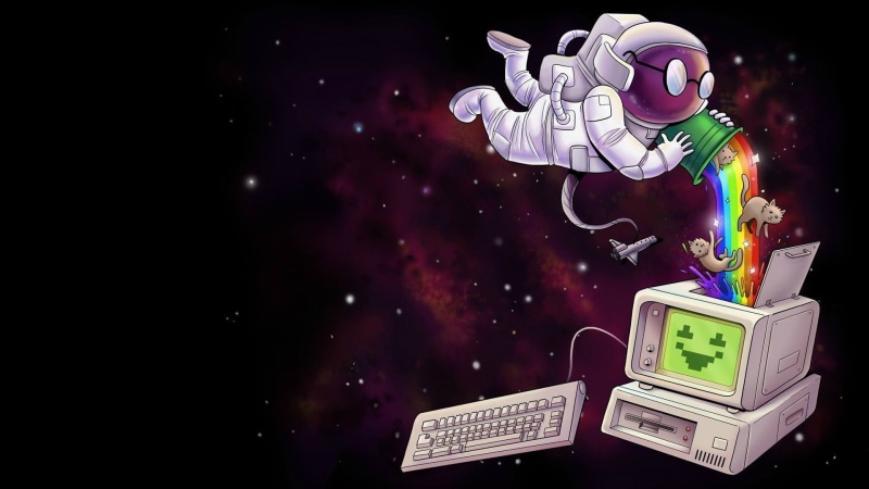 space, sign, number, 1080P, stars, Nyan Cat, glowing, astronaut, communication, no people, digital art, technology, text, night, outdoors, illuminated