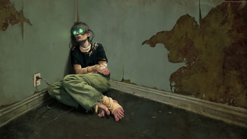 cyberpunk, addict, virtual reality, glass, 2K, room