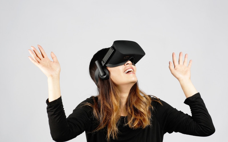 women, oculus, touch, black color, headset, arms raised, hand raised, virtual reality simulator, headshot, hd, young adult, one person, rift, leisure activity