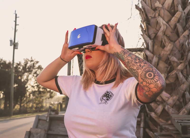 virtual reality headset, virtual reality simulator, wear, close-up, using, front view, electronic, technology, hairstyle, standing, modern, female, leisure