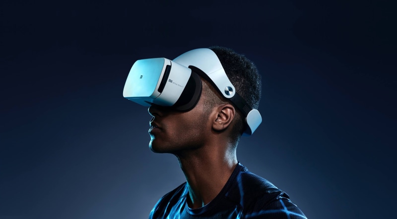 profile view, lifestyles, connection, indoors, virtual reality simulator, blue background, one person, portrait, side view, mi vr 4k high quality hd, blue