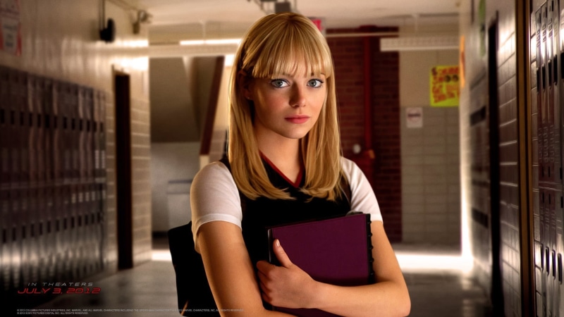Spider-Man, hairstyle, bangs, casual clothing, s, portrait, front view, one person, Gwen Stacy, young adult, hair, publication, locker, blond hair, standing