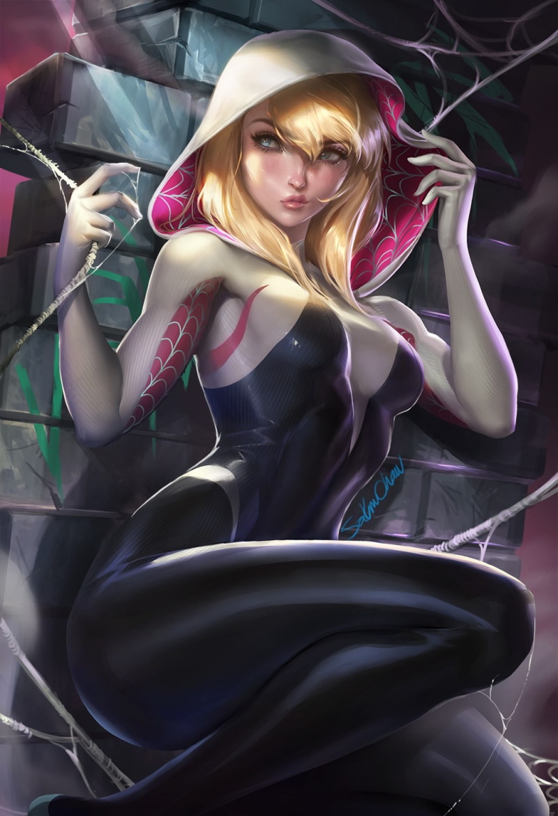 Looking Away, 720P, blue eyes, Sakimichan, Gwen Stacy, Marvel Comics, Tight Clothing, spider, women, digital art, man, Spider Gwen, artwork, Long Hair