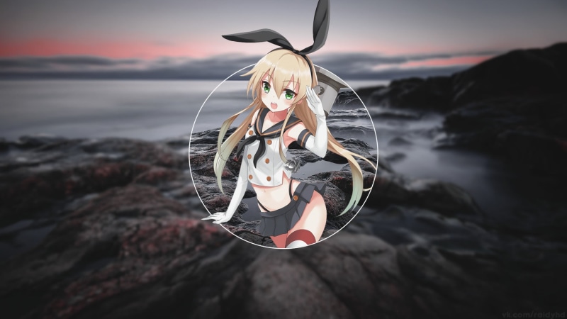 rock - object, hairstyle, beach, outdoors, sky, land, water, anime, sunset, focus on foreground, cloud - sky, digital composite, hair, representation, anime girls