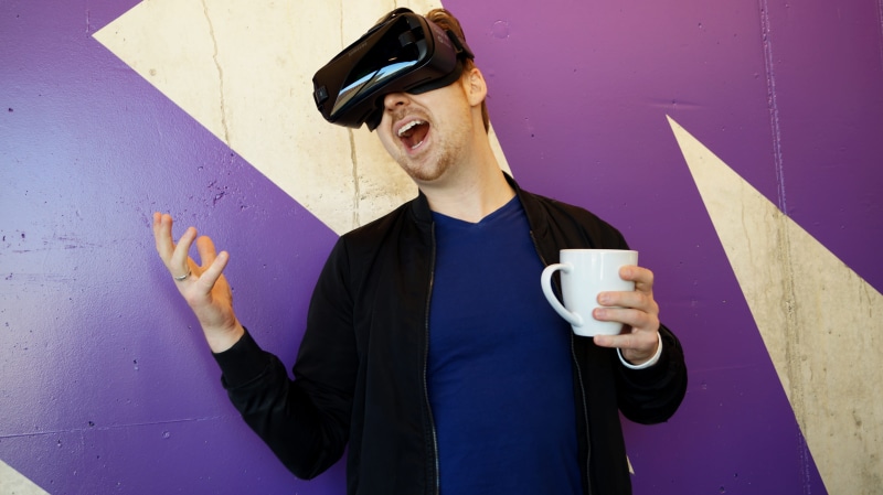 holding, virtual reality goggles, enjoying, hands, beverage, white, 4K, guy, wearing, black, vr, gesture, boy, coffee cup, wear, males, men, standing
