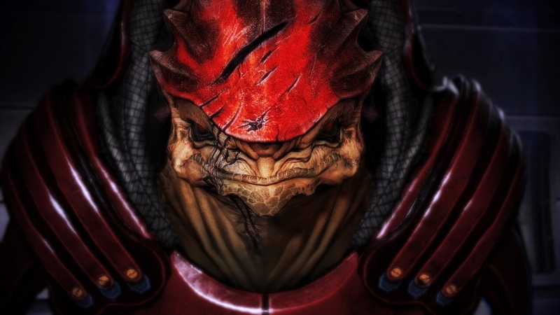 creativity, Mass Effect, frog, krogan, front view, close-up, red, representation, obscured face, Mass Effect 3, focus on foreground, indoors
